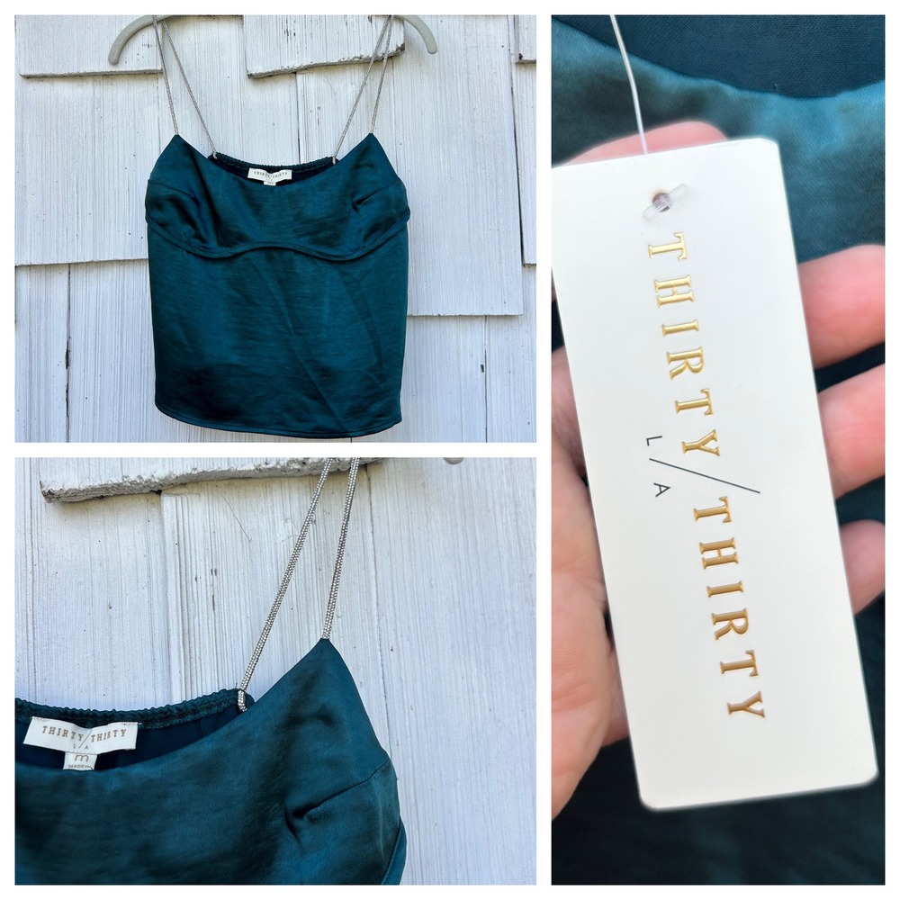 THIRTY THIRTY LA Emerald Green Satin Rhinestone Strap Cami Top Size M